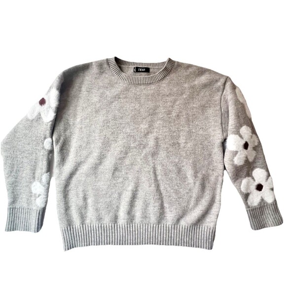 ZEUI Women’s Grey Crewneck Sweater Fuzzy Floral Accents Size Large Cozy Soft - Picture 2 of 16